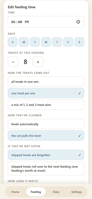 Changing the 6:00 PM feeding time: every day, 8 treats, one for each win the cat gets by pulling the lever