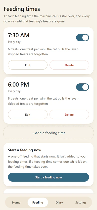 Feeding times at 7:30 AM and 6:00 PM every day, with buttons to add another or start a feeding now