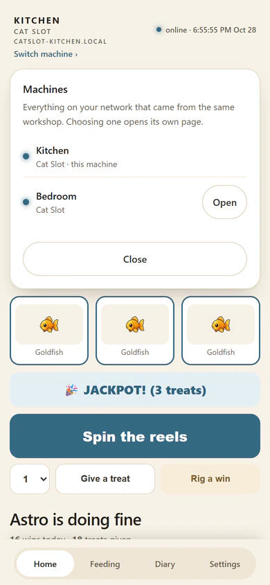 Machines: this one, Kitchen, and a second one, Bedroom, with a button to open its page