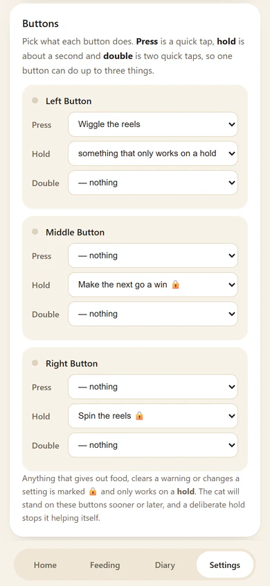 Settings for the three buttons: what a press, a hold or a double press of each one does